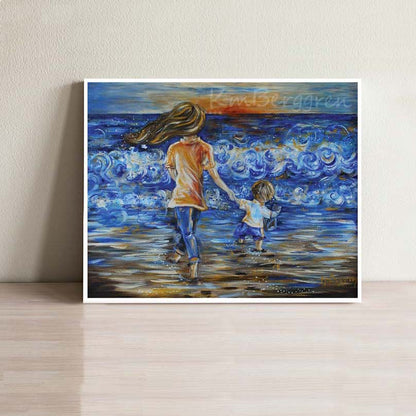 mother walking towards the sun and towards the water on the beach holding hands with a little boy, sunset on the beach art by KmBerggren