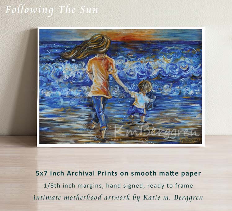 mother walking towards the sun and towards the water on the beach holding hands with a little boy, sunset on the beach art by KmBerggren