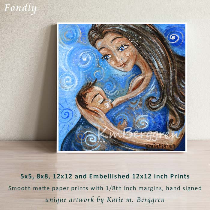 mother nursing baby with blue blanket wrap, art print by artist KmBerggren, breastfeeding baby painting, swirls in blue artwork with woman and child