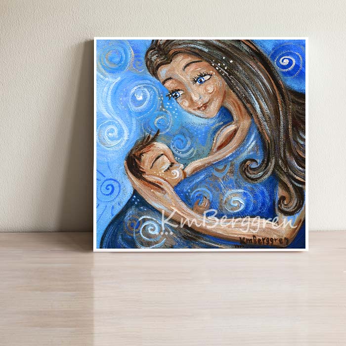 mother nursing baby with blue blanket wrap, art print by artist KmBerggren, breastfeeding baby painting, swirls in blue artwork with woman and child