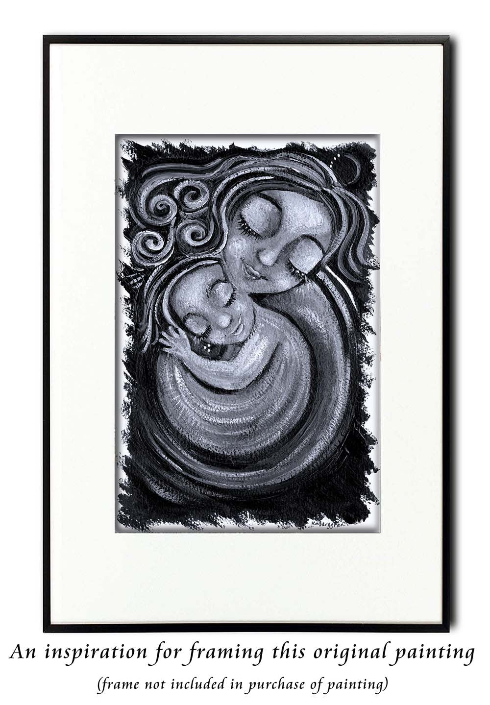 black and white Original 8x12 inch painting on heavy paper www.KmBerggren.com, black and white painting of mother and child, mom and baby art print, mother daughter original painting