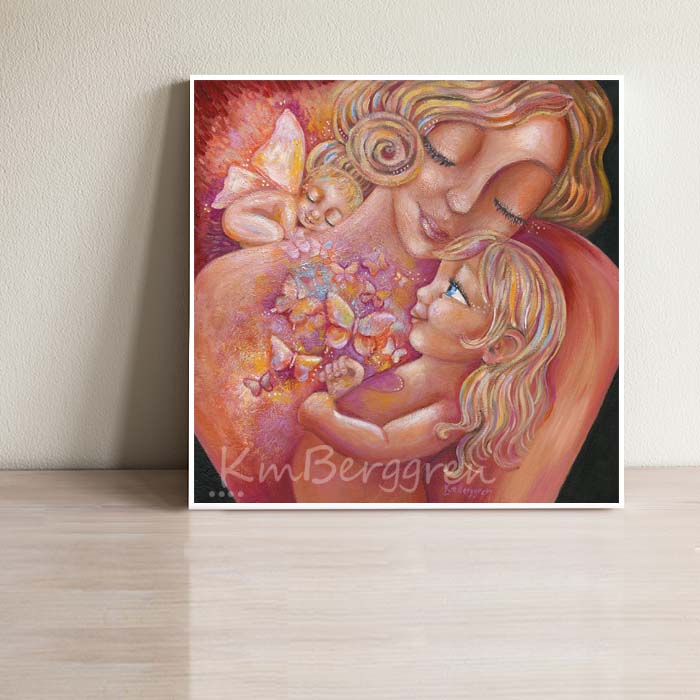 Blonde mother painting, winged baby art, big sister angel baby art, blonde mother and daughter, blue eyed mom and daughter, big sister to an angel artwork, big sister to angel gift, baby angel gift, blonde baby with pink wings, motherhood artwork, mother of an angel painting,