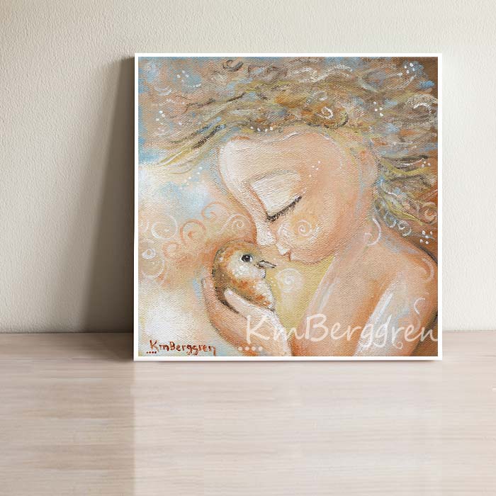 art print of a little child with curly blonde hair, holding a little soft orange bird to his nose, gentle baby art by KmBerggren