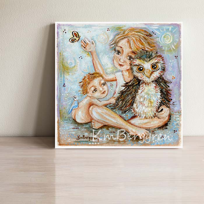 art print with blonde children holding an owl, a bird, and butterfly by KmBerggren