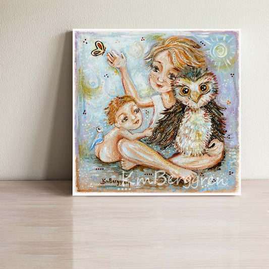 art print with blonde children holding an owl, a bird, and butterfly by KmBerggren