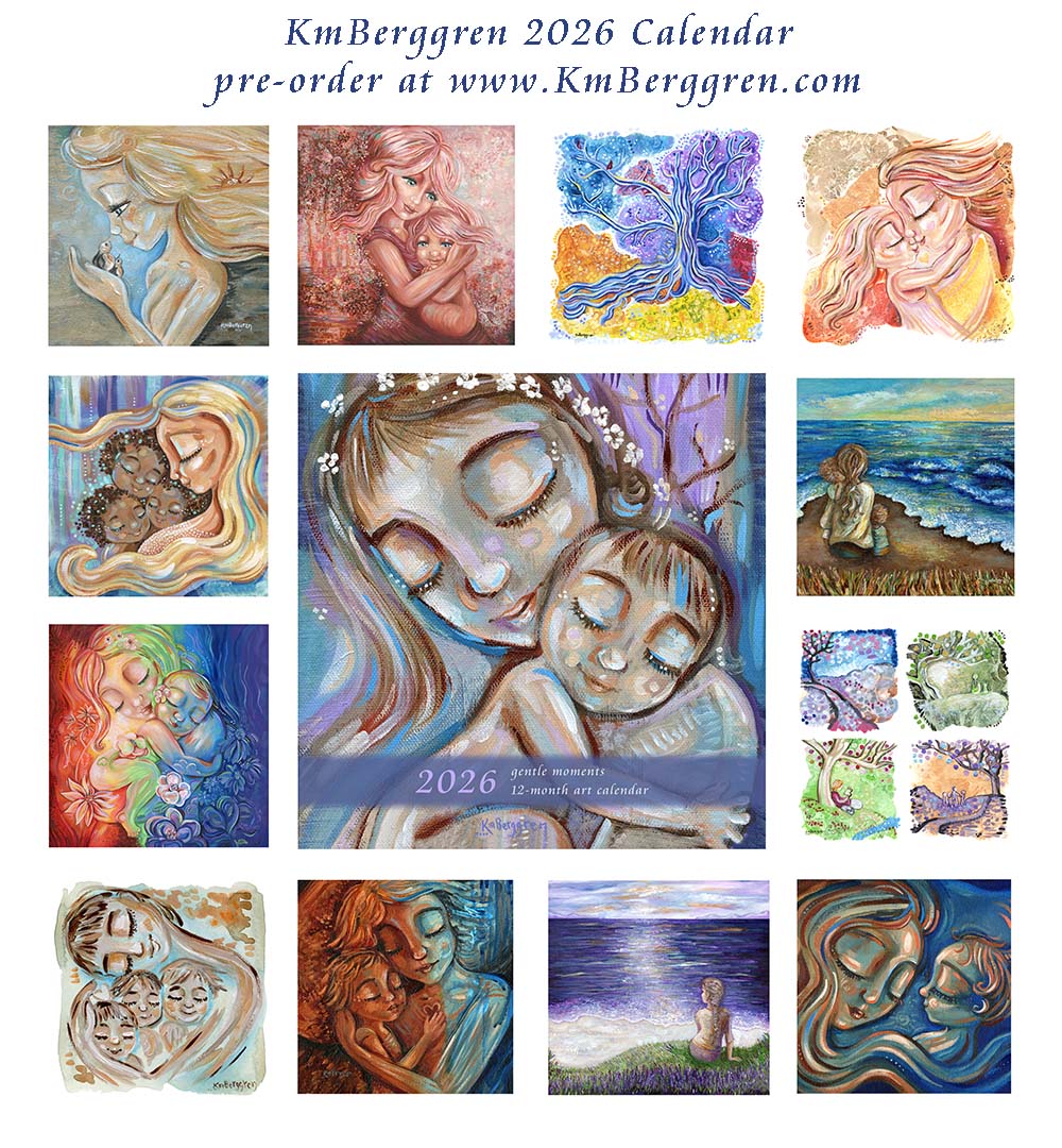 art calendar 2026, km berggren art calendar, mother child calendar, calendar for moms, planner for moms, keepsake calendar, collectible calendar, mom and baby art, calendar for families, calendar for mothers, new baby calendar, new baby gift, new mom gift, push gift artwork, family of 5 painting, mother and two kids, 2 kids artwork, mom and babies painting, paintings of women, art for women