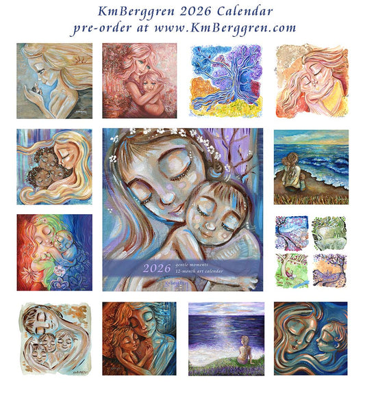 art calendar 2026, km berggren art calendar, mother child calendar, calendar for moms, planner for moms, keepsake calendar, collectible calendar, mom and baby art, calendar for families, calendar for mothers, new baby calendar, new baby gift, new mom gift, push gift artwork, family of 5 painting, mother and two kids, 2 kids artwork, mom and babies painting, paintings of women, art for women