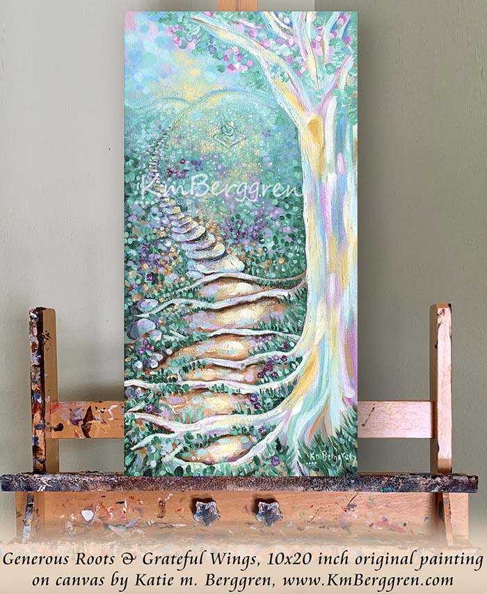 vertical tall painting on canvas of a woman reading in a field after climbing stone steps original painting by kmberggren, paintings of women, hopeful artwork, inspirational artwork for women, gifts for mom, art for women, paintings of stairs in nature, paintings of trees, paintings of rocks, kimberggren, kmberggren, katie berggren