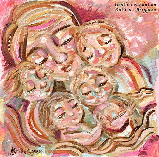 mom of four artwork, art print of mom and four children, mom of four kids art, blonde mother of 4 wall decor, baby room decor baby sister, baby brother, big sister, big brother, blonde mama artwork, pink motherhood art, pink mom and four kids art