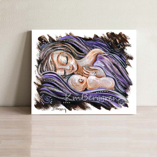 purple and pink breastfeeding artwork by kmberggren, mother nursing bald naked infant, whimsical and expressive artwork by KmBerggren