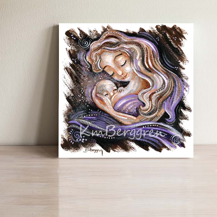 purple and pink breastfeeding artwork by kmberggren, mother nursing bald naked infant, whimsical and expressive artwork by KmBerggren