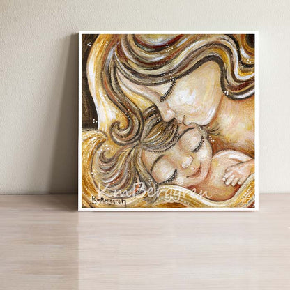 painting of mother and child in golden colors, mother kissing baby's forehead, art by KmBerggren