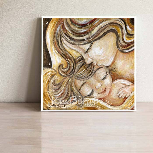 painting of mother and child in golden colors, mother kissing baby's forhead, art by KmBerggren