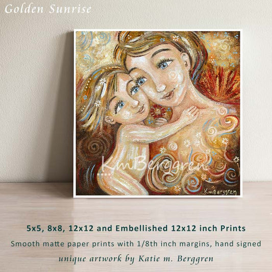 artwork of mother and daughter, blonde hair with flowers in hair, red and yellow sunset background, art by KmBerggren