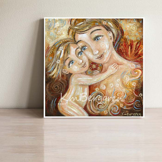 artwork of mother and daughter, blonde hair with flowers in hair, red and yellow sunset background, art by KmBerggren