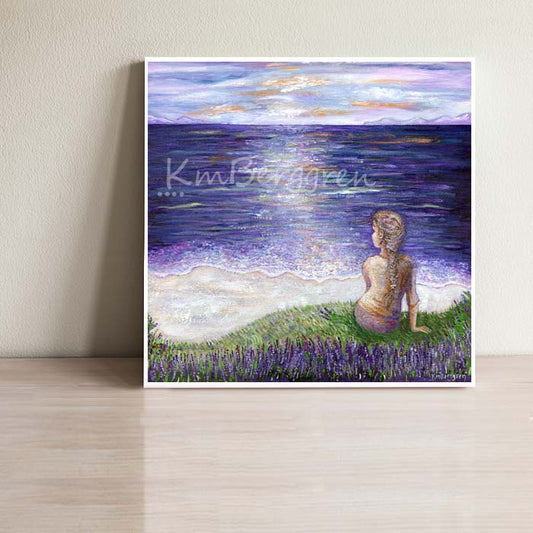 Woman Overlooking Purple Sea & White Sand Beach Art Print, llong braided hair woman, lavendar flowers on beach, lavender wildflower, purple cloudy sky kmberggren