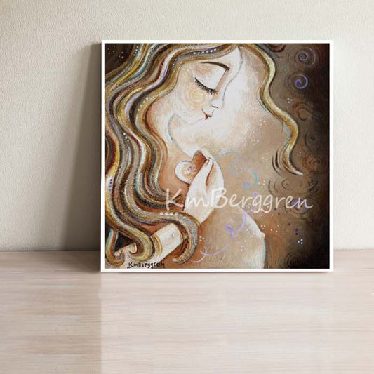 art print of pregnant mother holding a heart to her chest, long blonde hair, artwork by KmBerggren