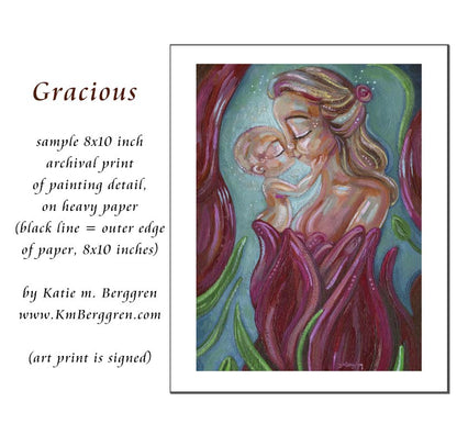 art of mother and baby inside a big flower bud, motherhood flowering, flowers of family, new baby in garden, painting of mother and infant, mom and baby art print, mom and new baby, mum new babe, bald baby blonde mom art, wall decor for nursery, wall art for lactation room, km berggren, kmberggren, katie m. berggren art