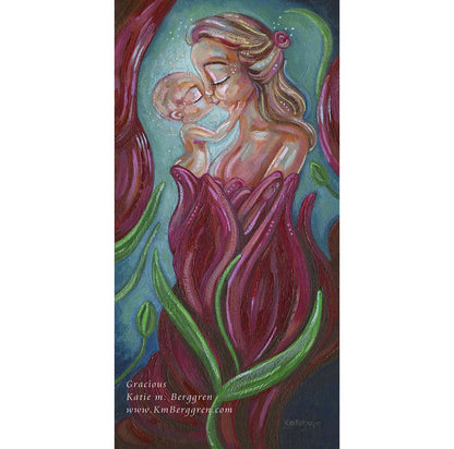 art of mother and baby inside a big flower bud, motherhood flowering, flowers of family, new baby in garden, painting of mother and infant, mom and baby art print, mom and new baby, mum new babe, bald baby blonde mom art, wall decor for nursery, wall art for lactation room, km berggren, kmberggren, katie m. berggren art