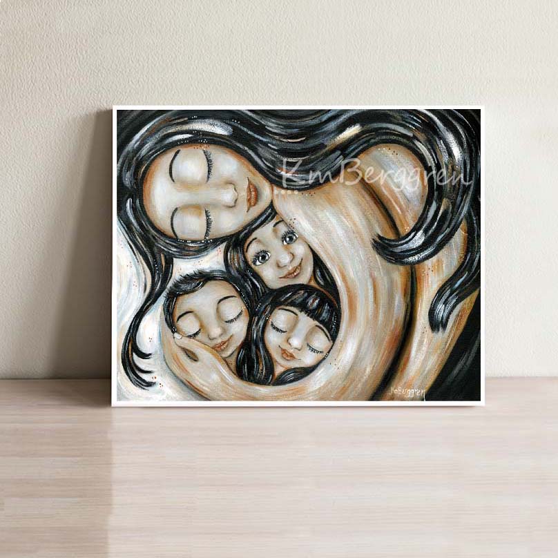 intimate painting of woman with long black hair cradling three children with black hair, sisters and brother, stunning black and white sepia toned artwork by kmberggren