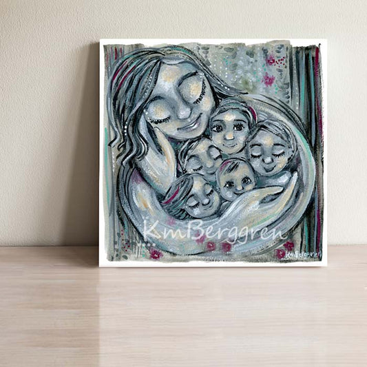 woman with 5 children black and white artwork, mom cradling 5 kids in her arms, family of 5 children, choose an embellished print to add hair and eye colors to the children