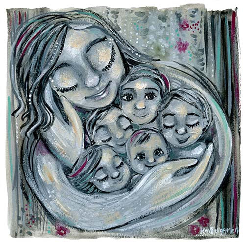 woman with 5 children black and white artwork, mom cradling 5 kids in her arms, family of 5 children