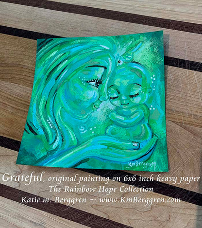 green wall decor motherhood, green painting of mom and baby, paintings for lactation room in green, green interior design paintings, interior wall decor for families and mothers, kmberggren, km berggren