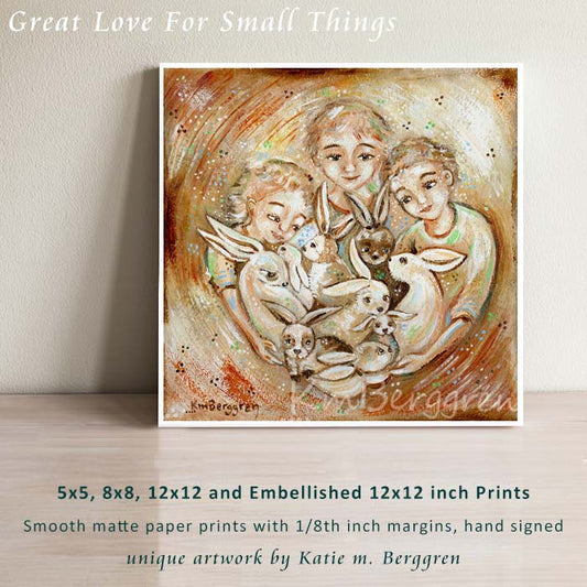 art print of three light haired children playing with a fluffle of rabbits in an orange and yellow background