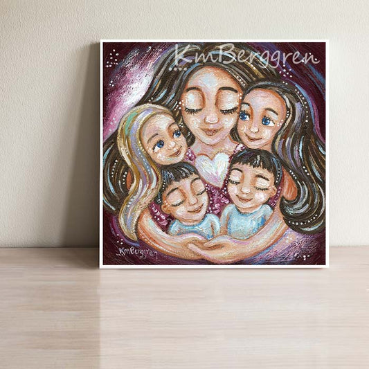 brunette mother with four children artwork, mom with two boys and two girls painting, mother of 4 kids picture, family painting, artwork gifts for moms, kmberggren, paintings with twins