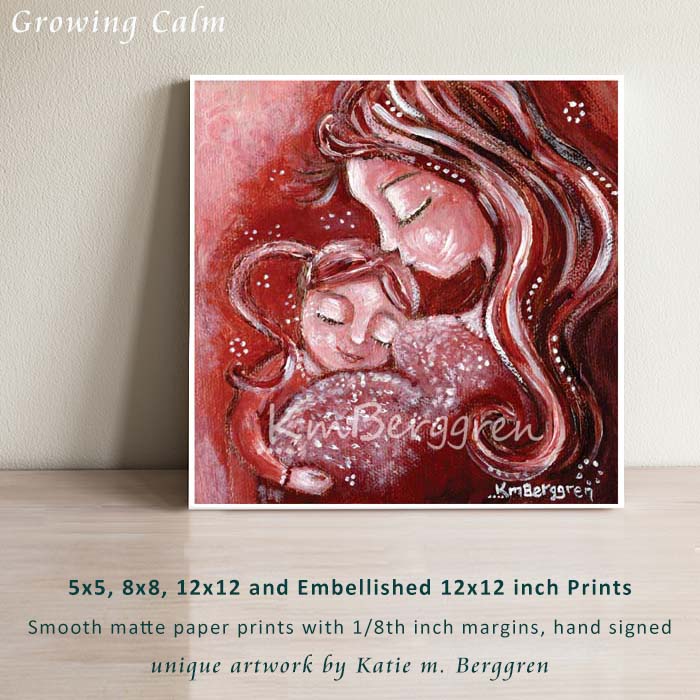 expectant mother artwork in red colors with long haired daughter in pigtails, art by KmBerggren, red hair mother and daughter, pregnant mama and big sister