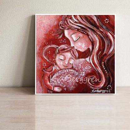 expectant mother artwork in red colors with long haired daughter in pigtails, art by KmBerggren, red hair mother and daughter, pregnant mama and big sister