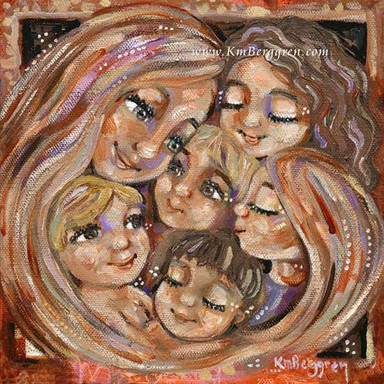 mother with 5 children artwork - sisters and brothers with mom - five kids and mom, gift for mother of 5, long haired mom and five children, warm art for mom, intimate cozy expressionist family art