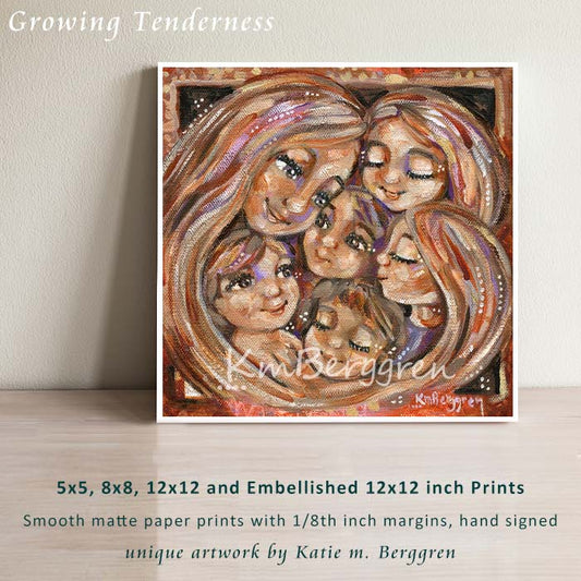 mother with 5 children artwork - sisters and brothers with mom - five kids and mom, gift for mother of 5, long haired mom and five children, warm art for mom, intimate cozy expressionist family art
