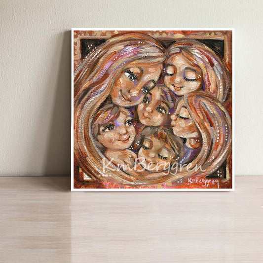 mother with 5 children artwork - sisters and brothers with mom - five kids and mom, gift for mother of 5, long haired mom and five children, warm art for mom, intimate cozy expressionist family art