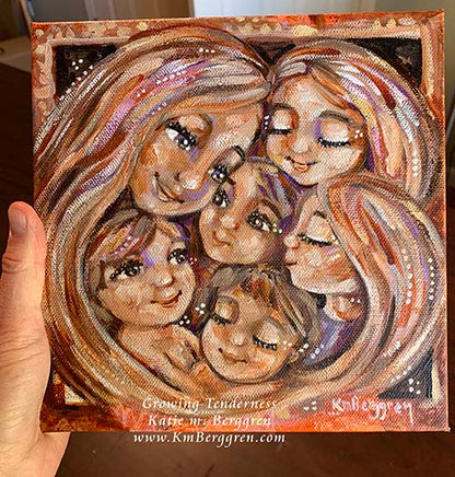 blonde mother and five children artwork, mother and five art print, mother with 5 kids painting on canvas, art of mother and children, blonde daughters, daughters and sons with mom, gift for mom of 5