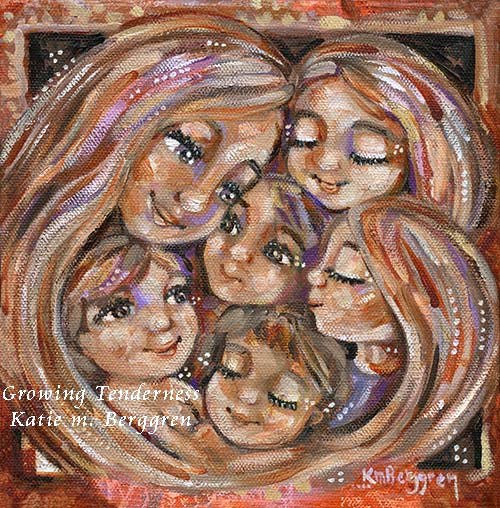 mother with 5 children artwork - sisters and brothers with mom - five kids and mom, gift for mother of 5, long haired mom and five children, warm art for mom, intimate cozy expressionist family art