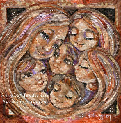 blonde mother and five children artwork, mother and five art print, mother with 5 kids painting on canvas, art of mother and children, blonde daughters, daughters and sons with mom, gift for mom of 5