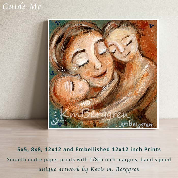 art print of mother with two children, reds and blues, skin to skin artwork by KmBerggren, mom with older son and baby, big brother artwork