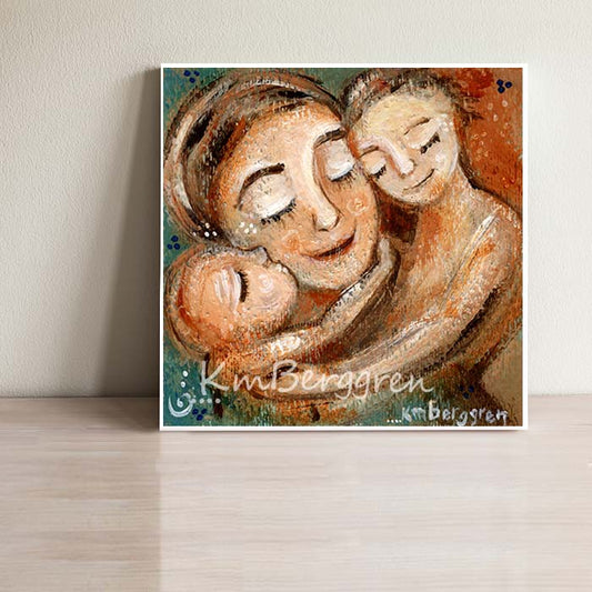 art print of mother with two children, reds and blues, skin to skin artwork by KmBerggren, mom with older son and baby, big brother artwork