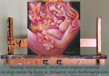 expectant mother painting with butterflies, pregnancy with butterflies, pregnant woman and butterfly art, butterflies painting, warm art, mother and child artwork, original painting of woman on canvas, warm orange pink magenta painting