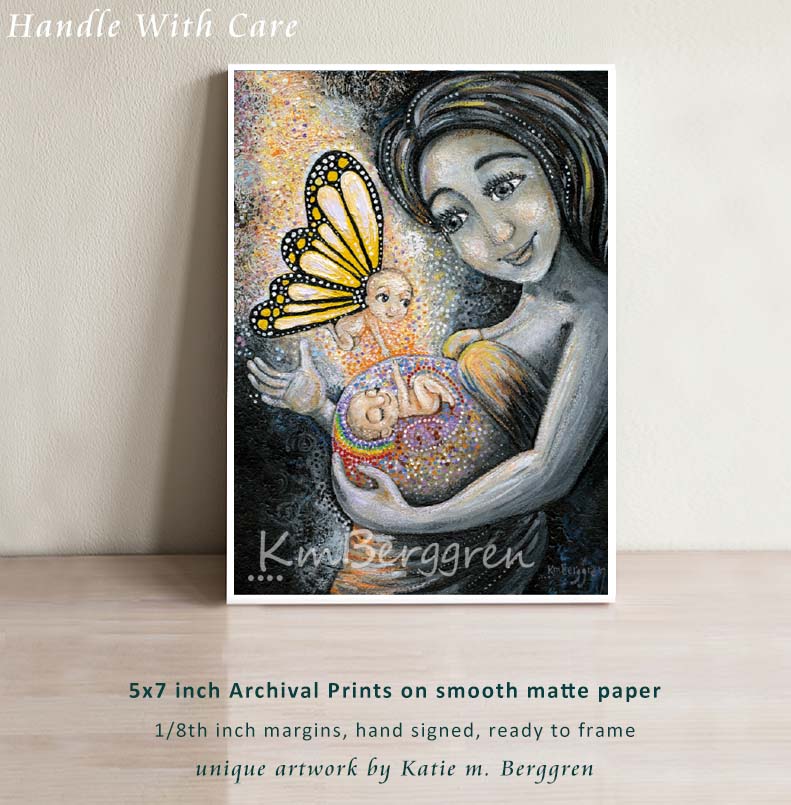 mother with rainbow baby in belly, winged baby angel touching rainbow baby, black and white artwork, mother of loss, expecting rainbow baby art, gift for pregnant after loss, gift for mom of loss expecting new baby