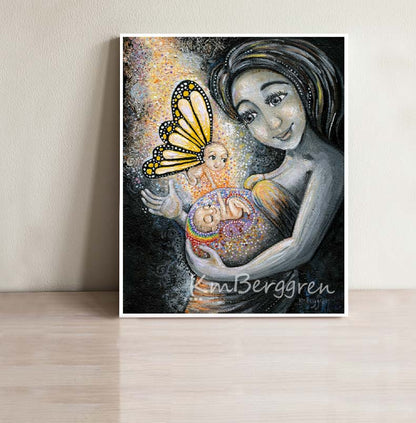 mother with rainbow baby in belly, winged baby angel touching rainbow baby, black and white artwork, mother of loss, expecting rainbow baby art, gift for pregnant after loss, gift for mom of loss expecting new baby