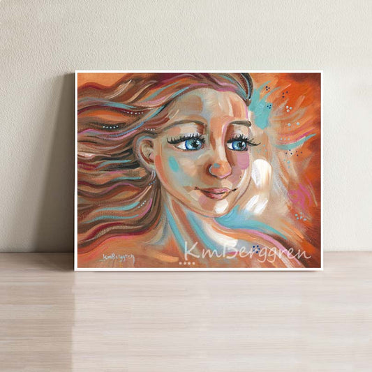 painting of a woman's face with blue eyes and brown and red hair with orange and red and blue and white background, fierce and fiery art by kmberggren