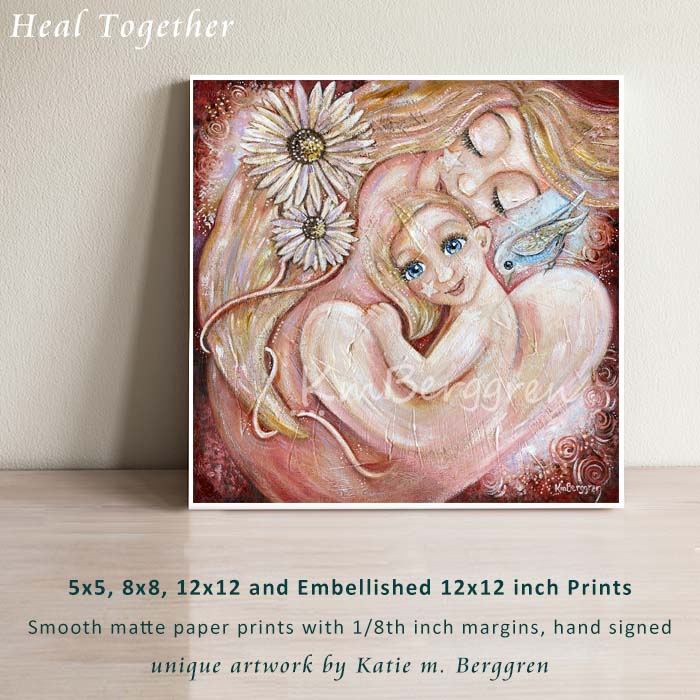 blonde mother, blonde daughter, nurturing artwork with chamomile and blue bird, comforting artwork to honor the inner child, gentle soothing depictions of love and self-love, kmberggren