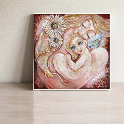 blonde mother, blonde daughter, nurturing artwork with chamomile and blue bird, comforting artwork to honor the inner child, gentle soothing depictions of love and self-love, kmberggren