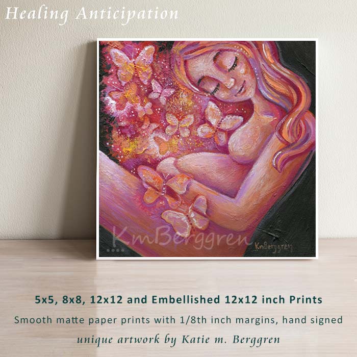 expectant mother painting with butterflies, pregnancy with butterflies, pregnant woman and butterfly art, butterflies painting, warm art, mother and child artwork, original painting of woman on canvas, warm orange pink magenta painting