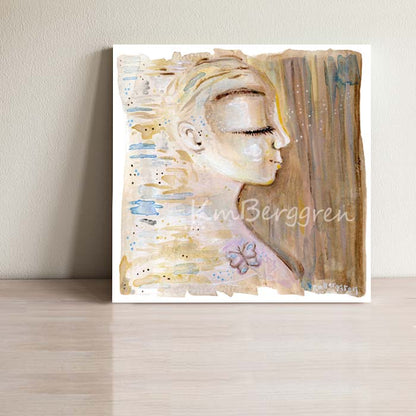 A confident and thoughtful young woman in profile, positive artwork, with a warm watery dream-like background. Strong Girl Art. Powerful woman empowerment gift. Confident young woman art. Beautiful and Sentimental girl gifts.