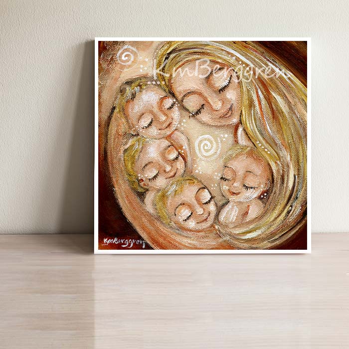 artwork of blonde mother holding four blonde children, gorgeous heartfelt artwork, frameable art prints by KmBerggren