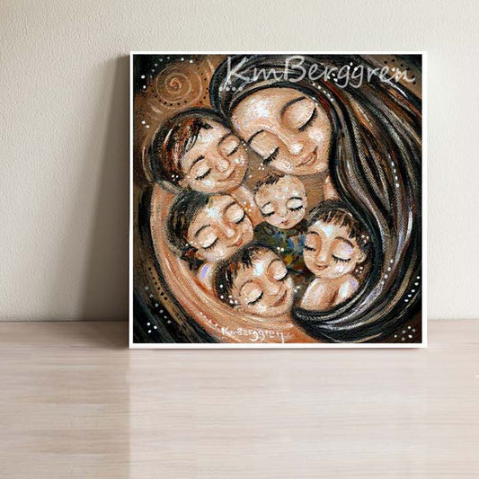 black haired mother with 5 children, 5 kids art print, dark hair family of 5 children, fifth baby, 5th child