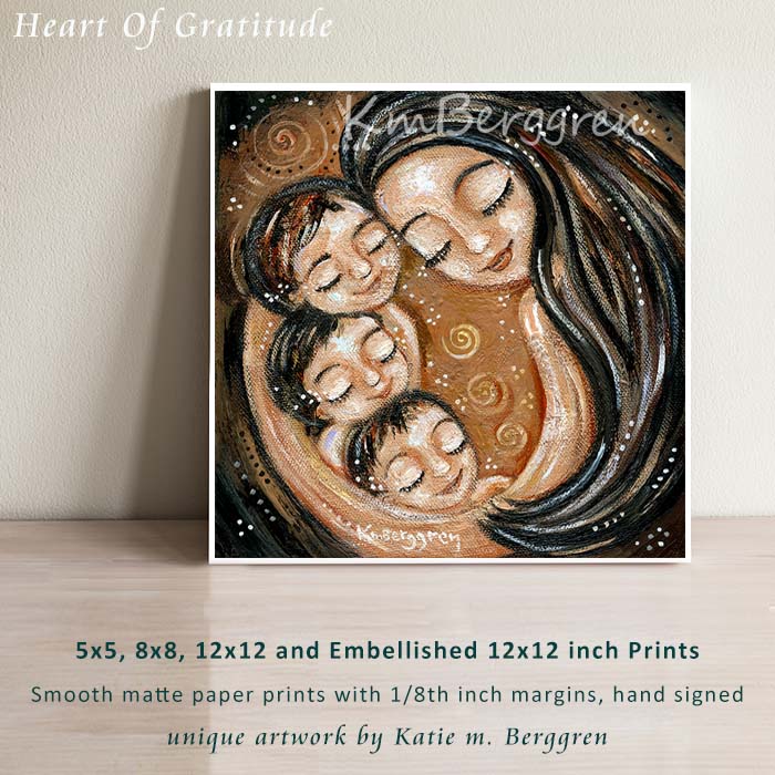 artwork of black haired mother holding three black haired children, kmberggren meaningful artwork for moms and women